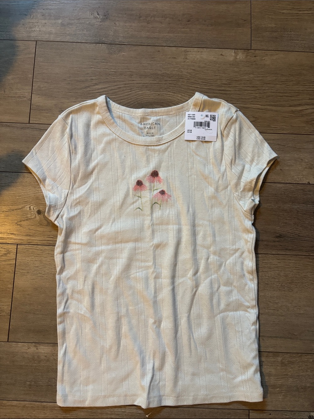 American Eagle Outfitters Ivory Short Sleeve Tee with Pink Floral Embroidery
